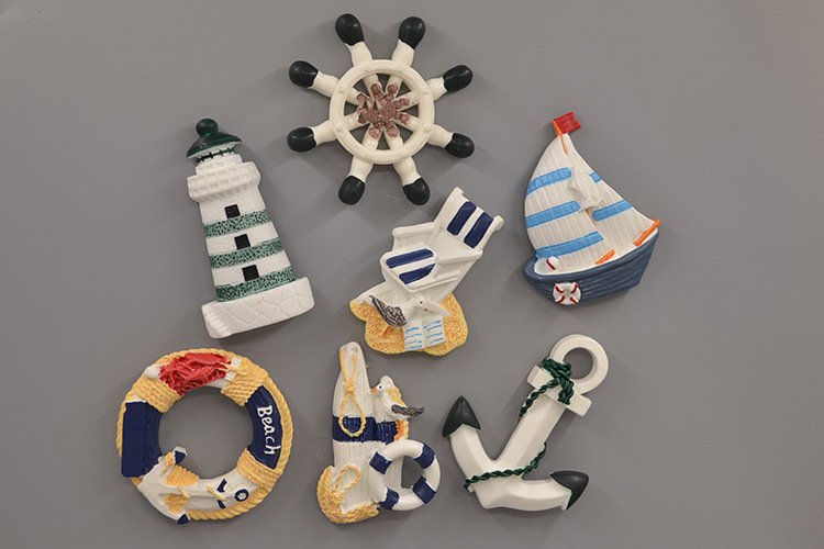 wholesale mediterranean style decorative fridge magnets with lifebuoys, sailing ships, lighthouses, creative resin 3d magnetic stickers, iron magnets factory direct