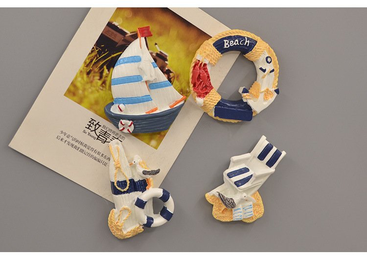 wholesale mediterranean style decorative fridge magnets with lifebuoys, sailing ships, lighthouses, creative resin 3d magnetic stickers, iron magnets factory direct