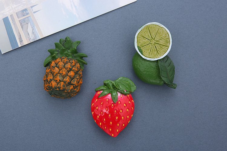 wholesale simulated food and fruit fridge magnets, 3d strawberries, pineapples, yellow lemons, green lemons, magnetic stickers, magnetic stickers, resin fridge magnets, customized factory direct