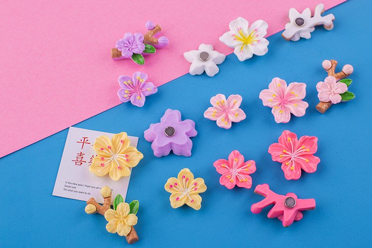 wholesale adorable flower decorative magnetic stickers, 3d home message board magnets, peach blossom fridge magnets with branches, set factory direct