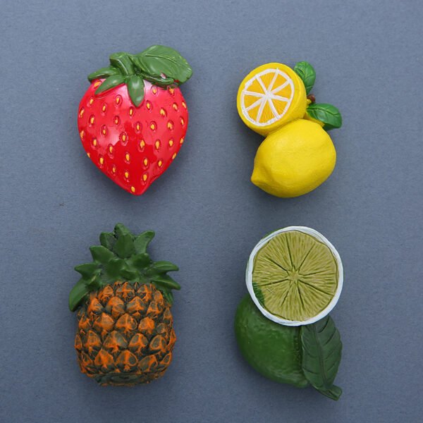 wholesale simulated food and fruit fridge magnets, 3d strawberries, pineapples, yellow lemons, green lemons, magnetic stickers, magnetic stickers, resin fridge magnets, customized factory direct