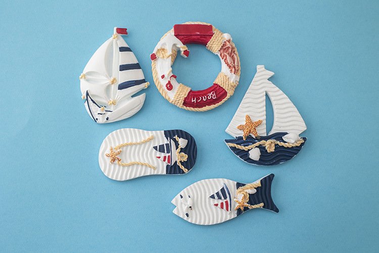 wholesale mediterranean style decorative fridge magnets, creative resin magnets with fish, lifebuoys, and sailing ships, set combinations for home decorations factory direct
