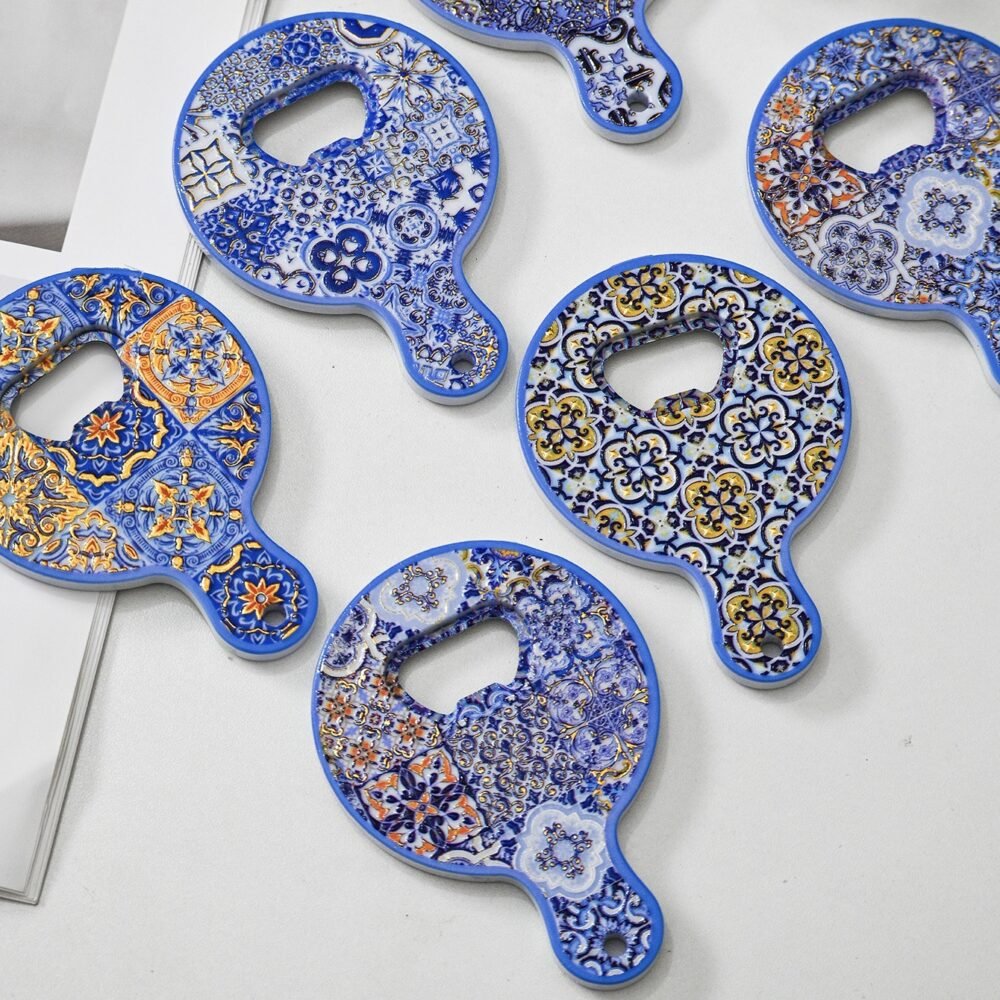wholesale gourd bottle opener fridge magnets, melamine material with embossed texture and gold-plated craftsmanship, blue and white porcelain bottle opener factory direct