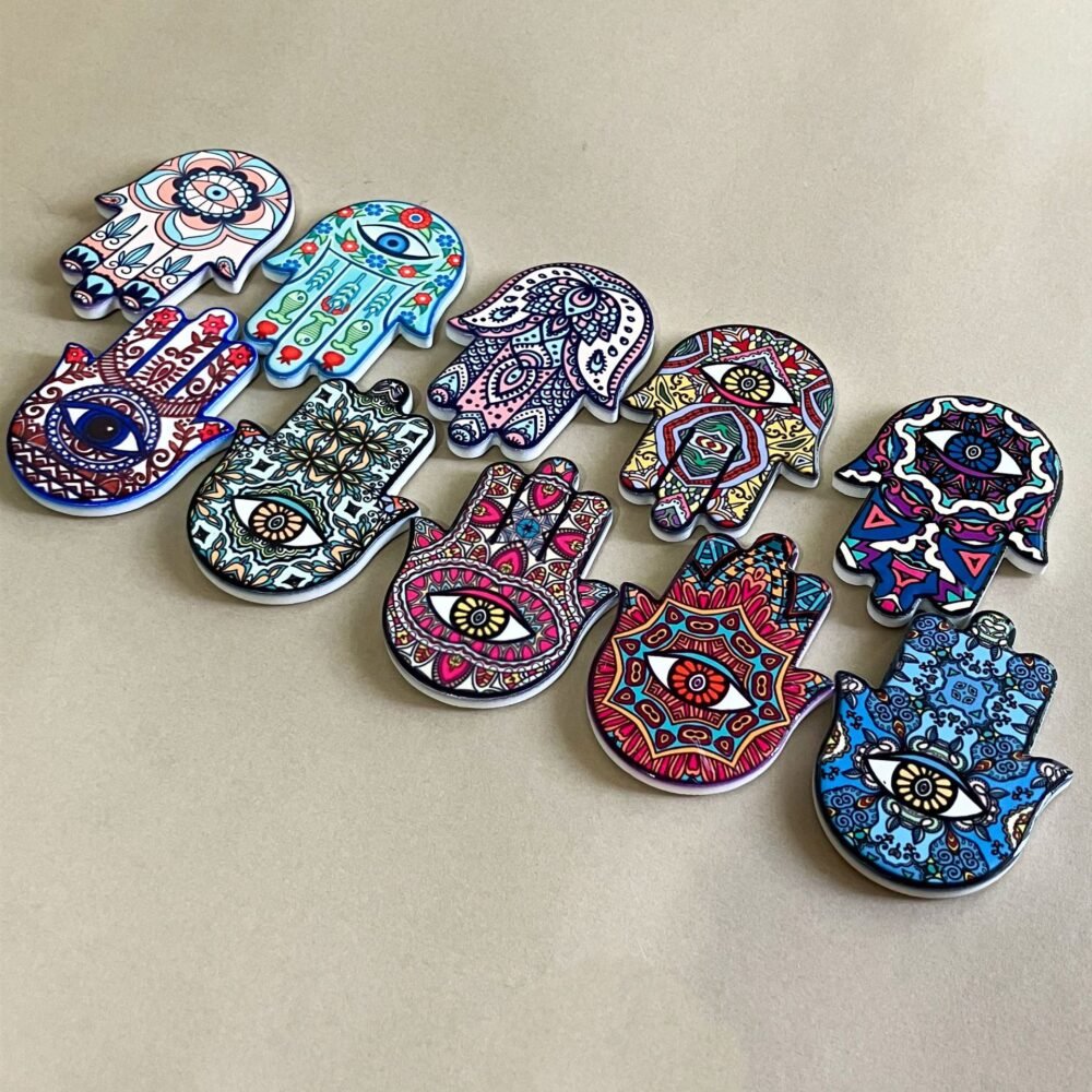wholesale hand of fatima ceramic fridge magnets, creative palm design, angel eye magnets for home decoration factory direct