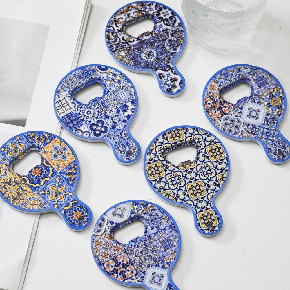 wholesale gourd bottle opener fridge magnets, melamine material with embossed texture and gold-plated craftsmanship, blue and white porcelain bottle opener factory direct