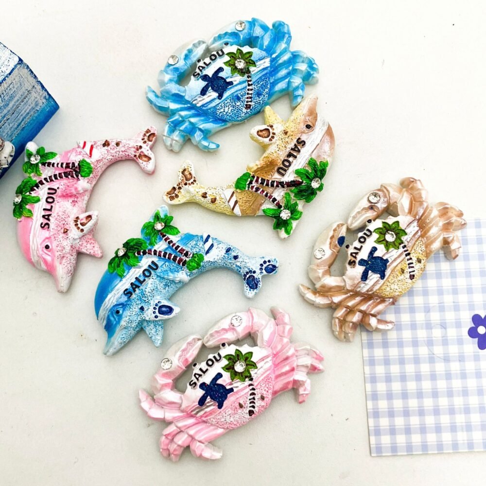 wholesale dolphin and crab cute resin fridge magnets, hand-painted ocean style for home daily use factory direct