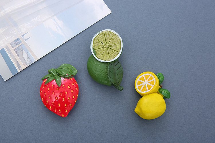 wholesale simulated food and fruit fridge magnets, 3d strawberries, pineapples, yellow lemons, green lemons, magnetic stickers, magnetic stickers, resin fridge magnets, customized factory direct