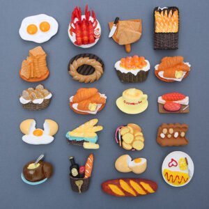wholesale food fridge magnets: fried eggs, toast, croissants, fruit cake, coffee, lobster, sausages, steak, honey butter bread, french baguette, cheesecake factory direct