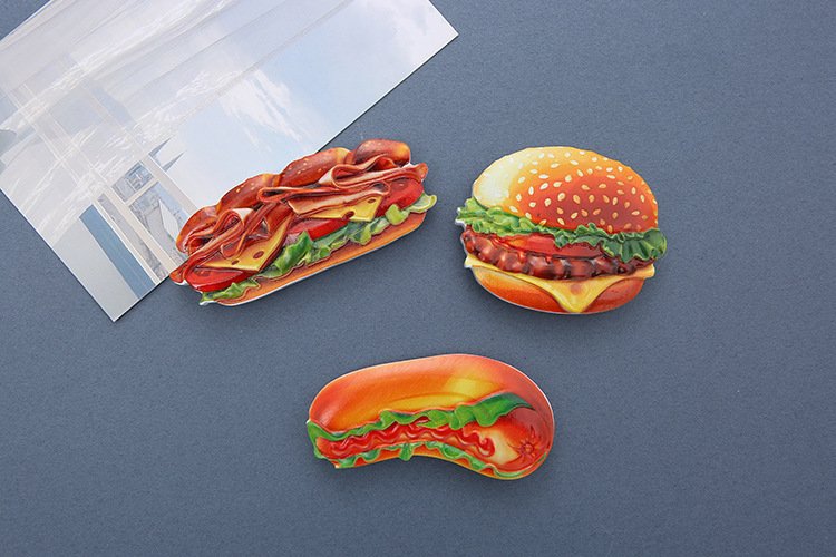 wholesale pet food fridge magnets: hamburgers, bread, fried eggs, cheese, bacon, sandwiches, hot dogs, snacks factory direct