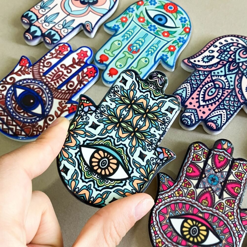 wholesale hand of fatima ceramic fridge magnets, creative palm design, angel eye magnets for home decoration factory direct