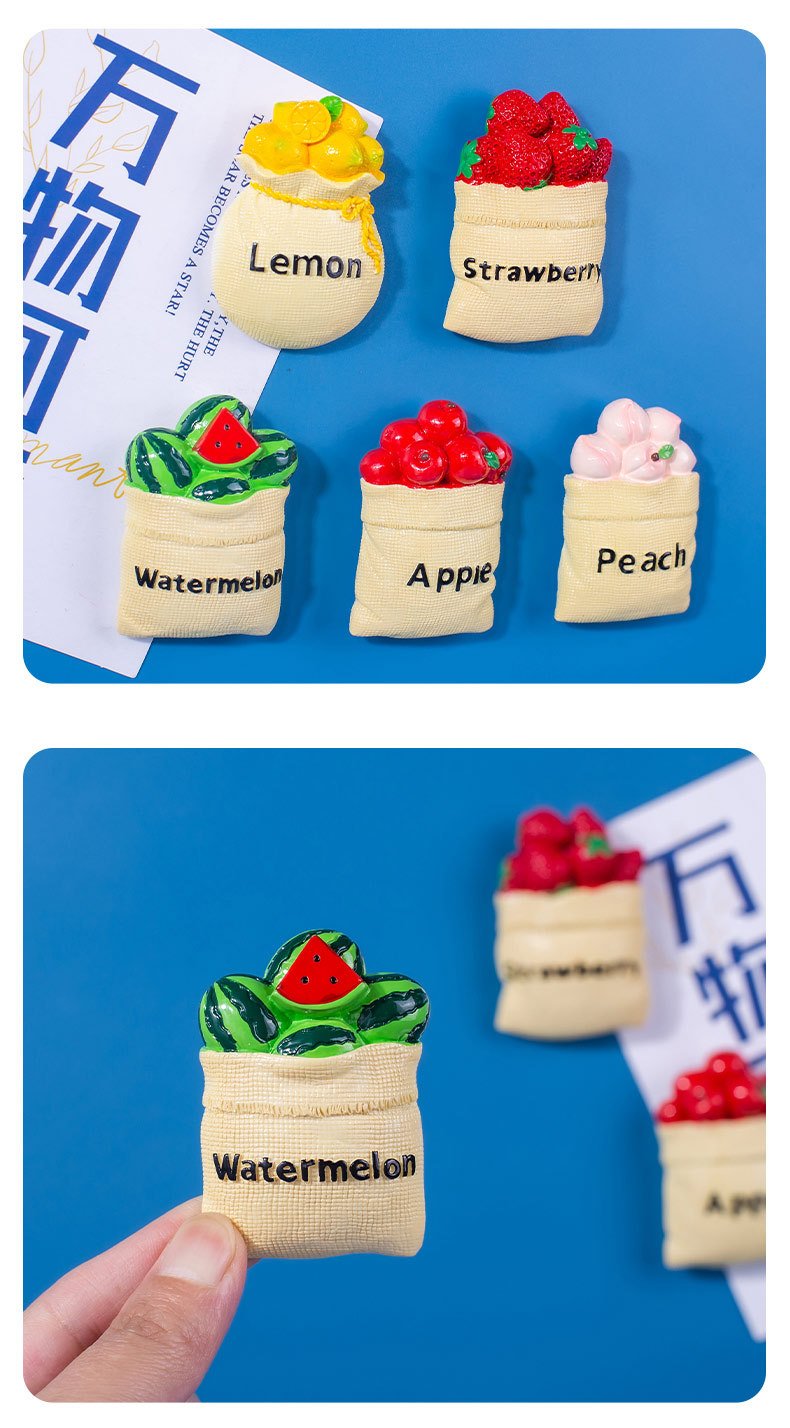 wholesale fruit fridge magnets: strawberries, kiwis, lemons, apples, peaches, watermelons, bananas factory direct