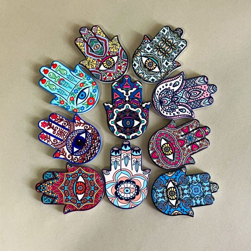 wholesale hand of fatima ceramic fridge magnets, creative palm design, angel eye magnets for home decoration factory direct