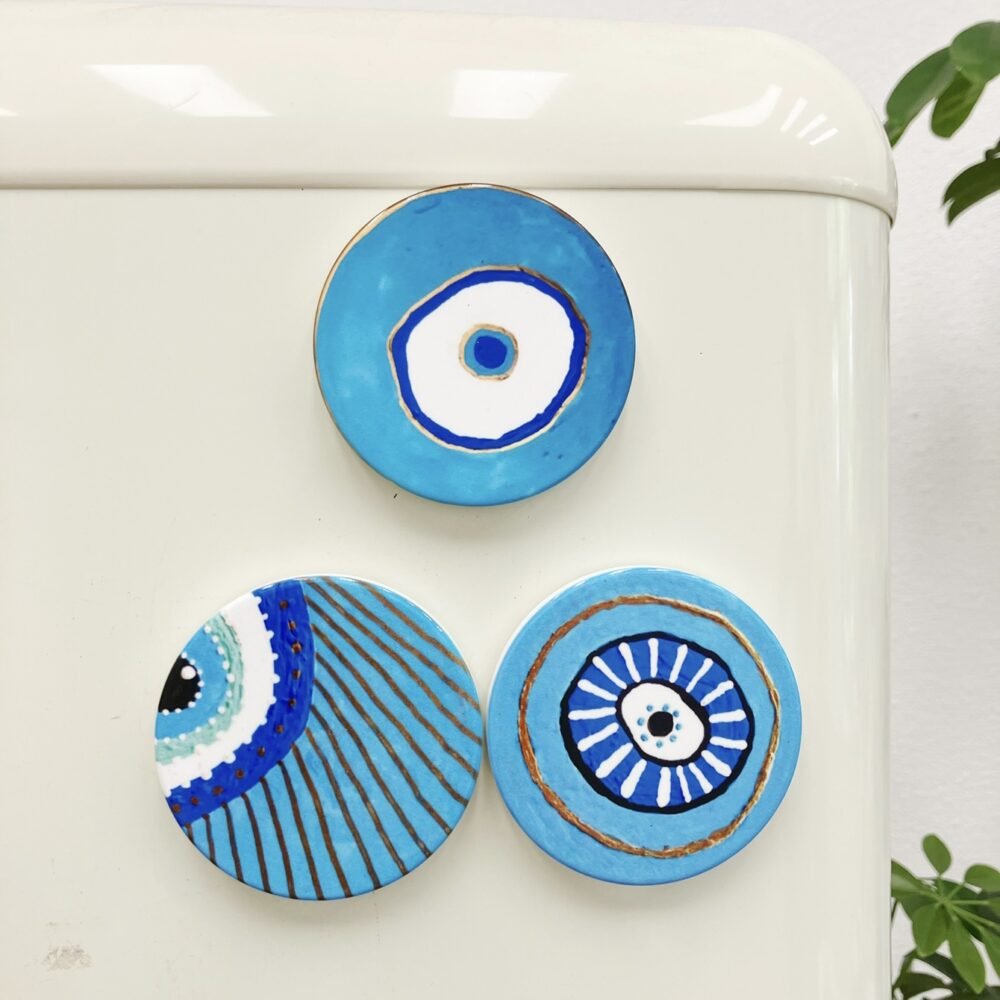 wholesale round evil eye ceramic fridge magnets, european and american style, home daily decorative magnets factory direct