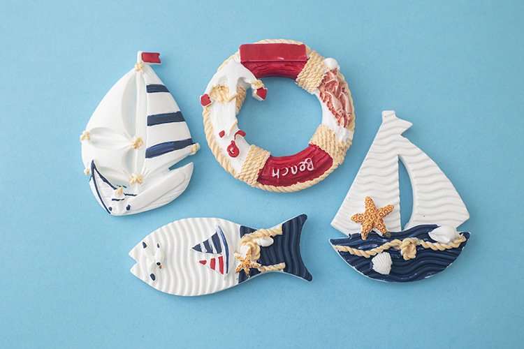 wholesale mediterranean style decorative fridge magnets, creative resin magnets with fish, lifebuoys, and sailing ships, set combinations for home decorations factory direct
