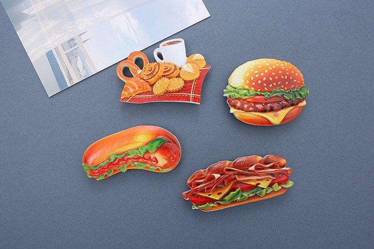 wholesale pet food fridge magnets: hamburgers, bread, fried eggs, cheese, bacon, sandwiches, hot dogs, snacks factory direct