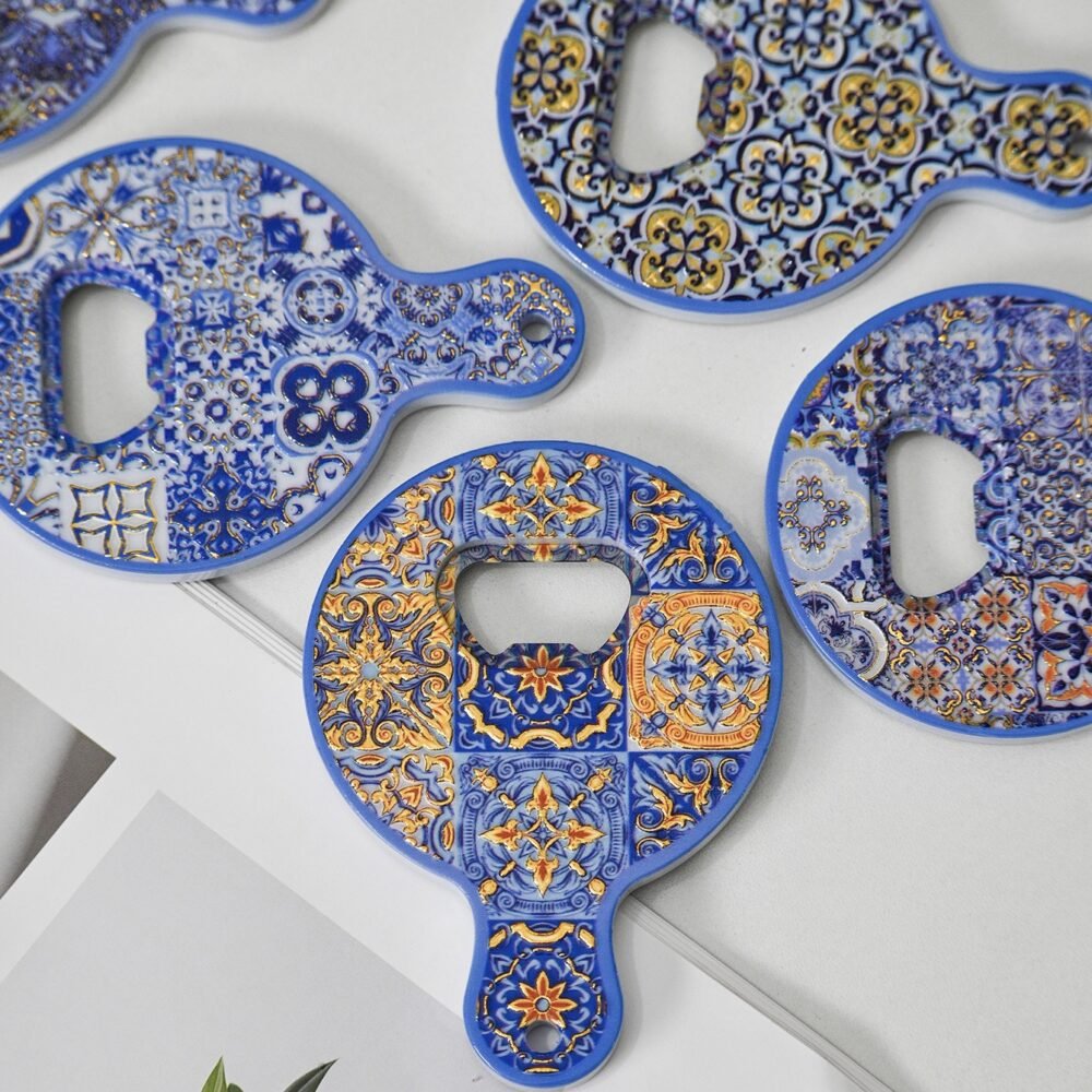 wholesale gourd bottle opener fridge magnets, melamine material with embossed texture and gold-plated craftsmanship, blue and white porcelain bottle opener factory direct