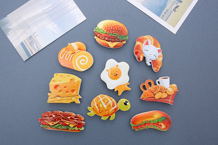 wholesale pet food fridge magnets: hamburgers, bread, fried eggs, cheese, bacon, sandwiches, hot dogs, snacks factory direct
