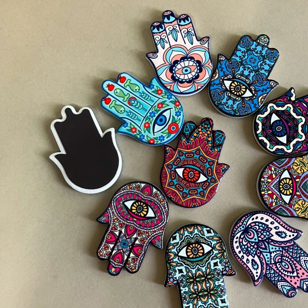 wholesale hand of fatima ceramic fridge magnets, creative palm design, angel eye magnets for home decoration factory direct