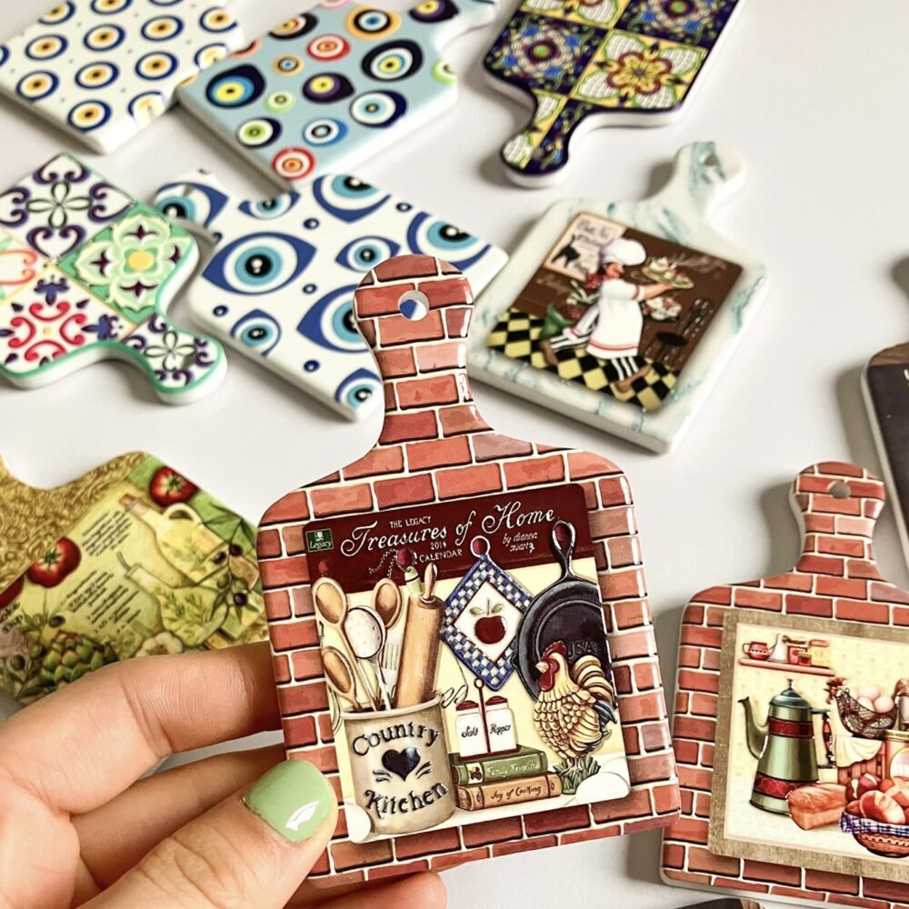 wholesale embossed cutting board-shaped fridge magnets with retro color patterns, european and american style magnetic stickers for home decoration factory direct