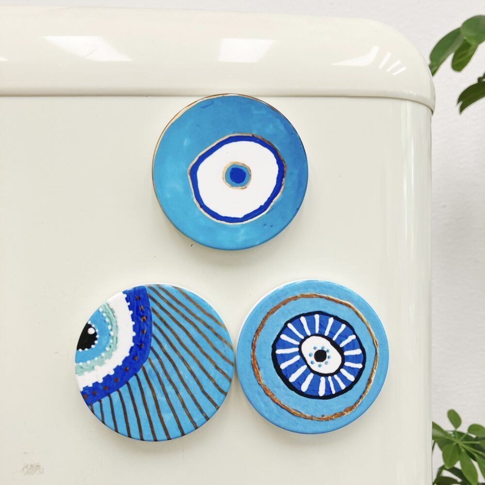 wholesale round evil eye ceramic fridge magnets, european and american style, home daily decorative magnets factory direct