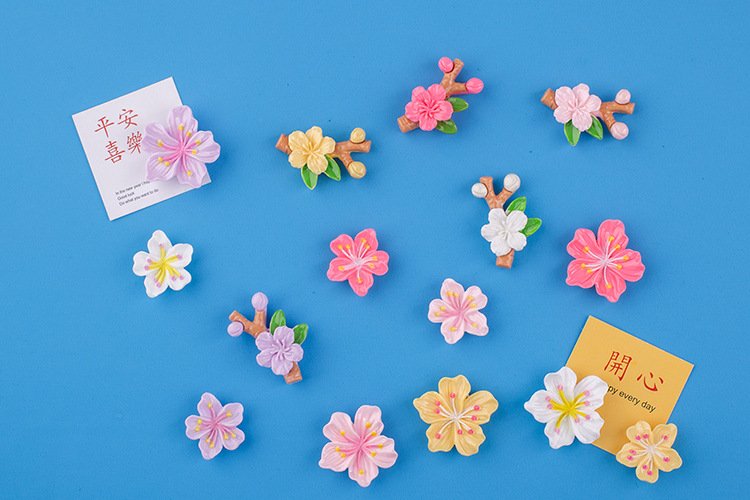wholesale adorable flower decorative magnetic stickers, 3d home message board magnets, peach blossom fridge magnets with branches, set factory direct