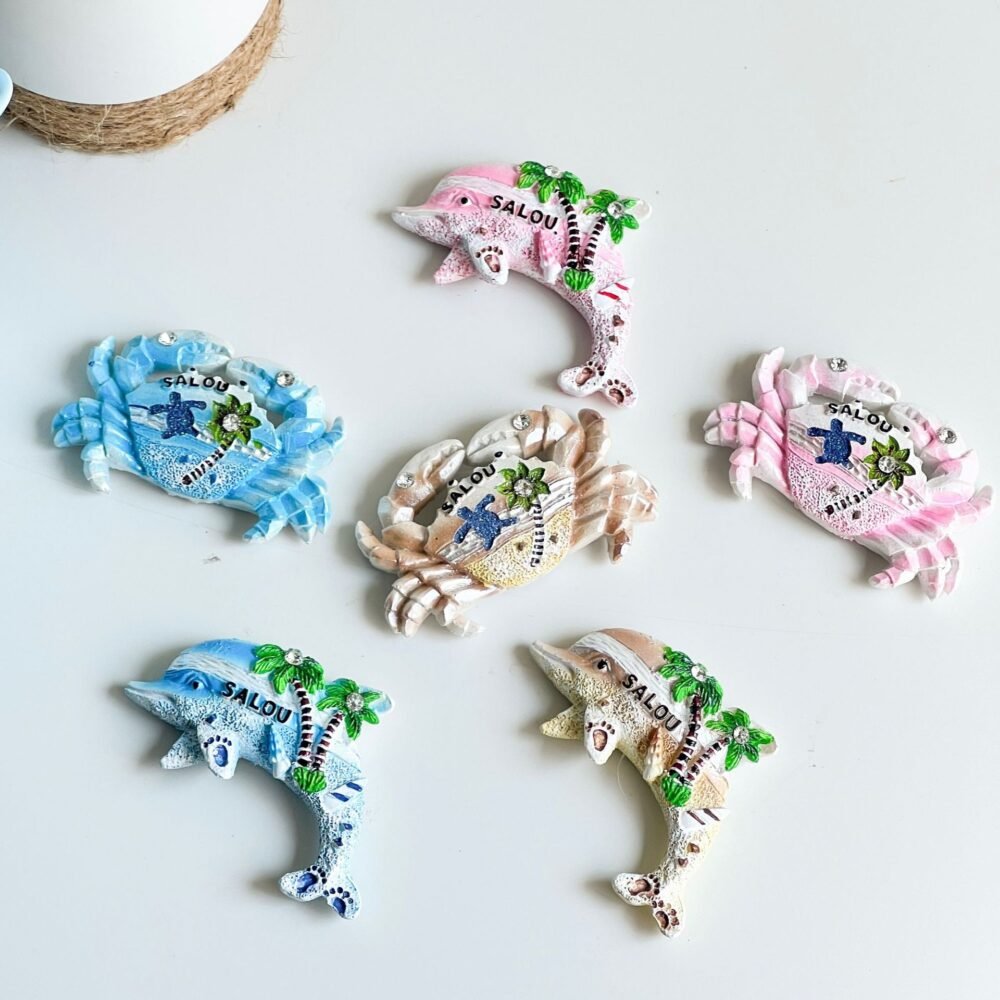 wholesale dolphin and crab cute resin fridge magnets, hand-painted ocean style for home daily use factory direct