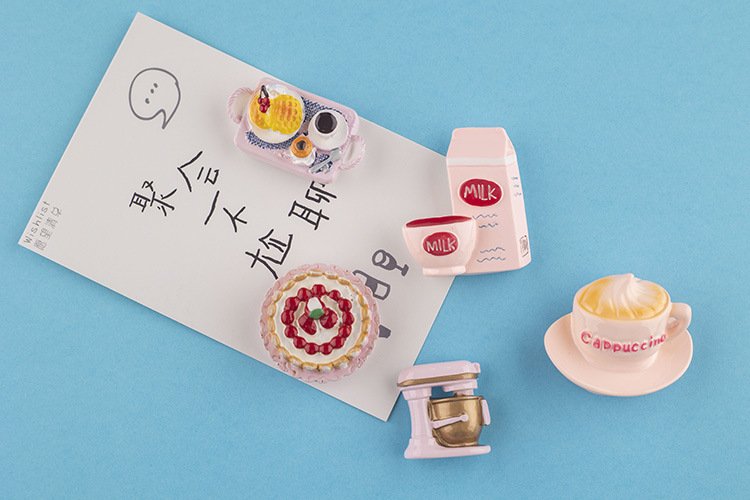 wholesale pink kitchen fridge magnets, afternoon tea and baking tools, simulated cake and kitchen utensils magnetic decorations factory direct