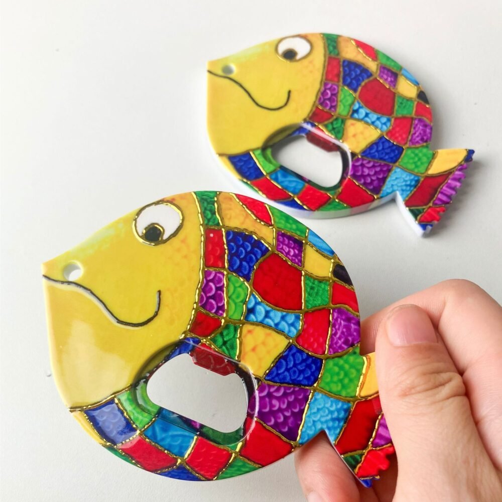 fat headed fish bottle opener refrigerator sticker made of melamine material, embossed texture, hot stamping process, cute refrigerator sticker fat headed fish bottle opener refrigerator sticker made of melamine material, embossed texture, hot stamping process, cute refrigerator sticker