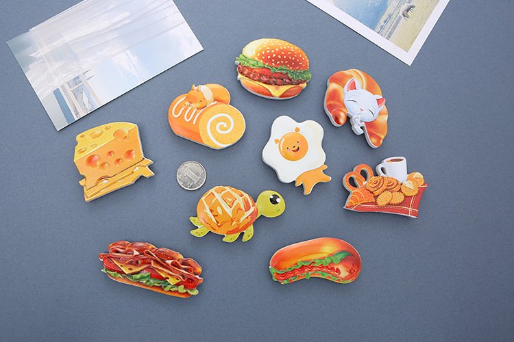 wholesale pet food fridge magnets: hamburgers, bread, fried eggs, cheese, bacon, sandwiches, hot dogs, snacks factory direct