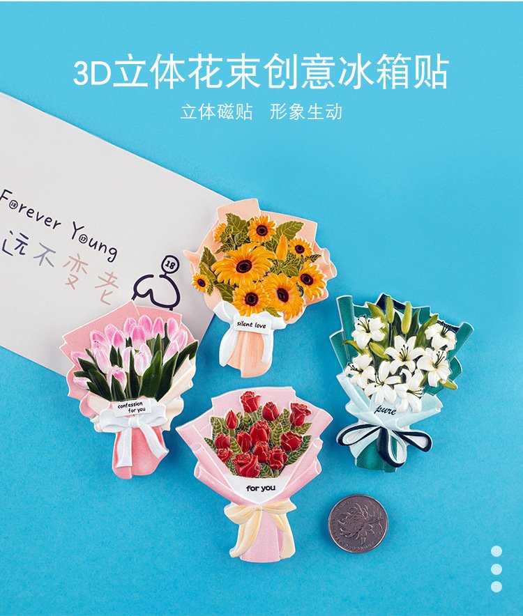 wholesale realistic resin 3d bouquet fridge magnets, creative magnets with roses, sunflowers, lilies, cultural and creative gifts factory direct