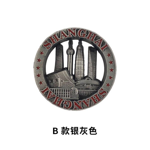 shanghai metal magnetic fridge magnet silver gray round shanghai