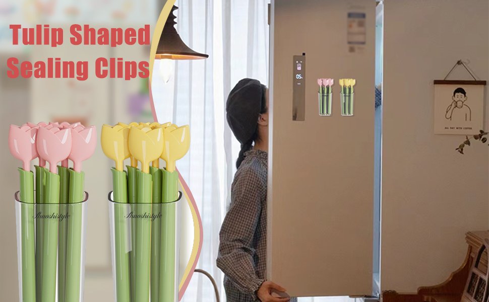 wholesale magnetic refrigerator sealing clip,cute tulip shaped food packages clips，chip clips with magnet storage box fridge magnets, food freshness bag clip kitchen accessories,2 pieces of 10 factory & supplier oem