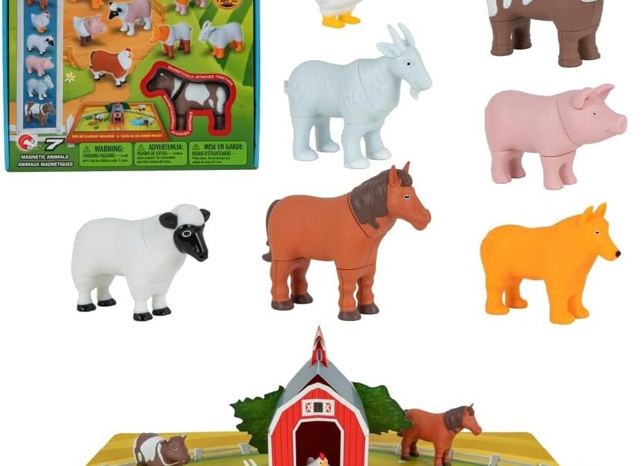POPULAR PLAYTHINGS Mini Magnetic Mix or Match Animal Toys with Pop-up Playmat, Set of 7 - Farm