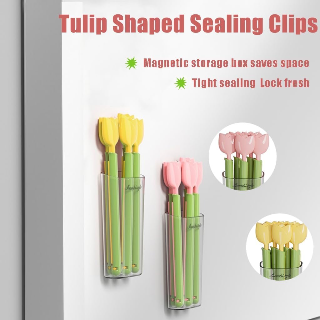 wholesale magnetic refrigerator sealing clip,cute tulip shaped food packages clips，chip clips with magnet storage box fridge magnets, food freshness bag clip kitchen accessories,2 pieces of 10 factory & supplier oem