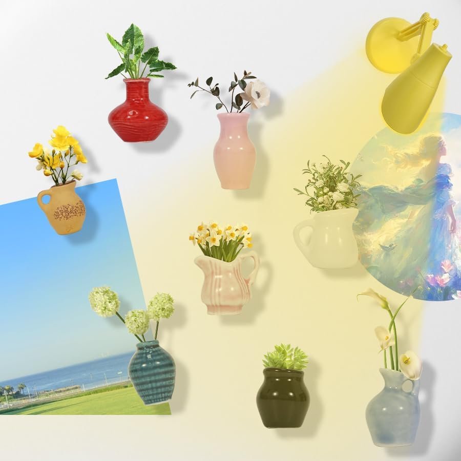 wholesale mini ceramic vase magnets for fridge, magnetic mini table lamp, funny small plant magnets,funny 3d plant vase for refrigerator decoration in kitchen, locker, or office(8 pack+1) factory & supplier oem