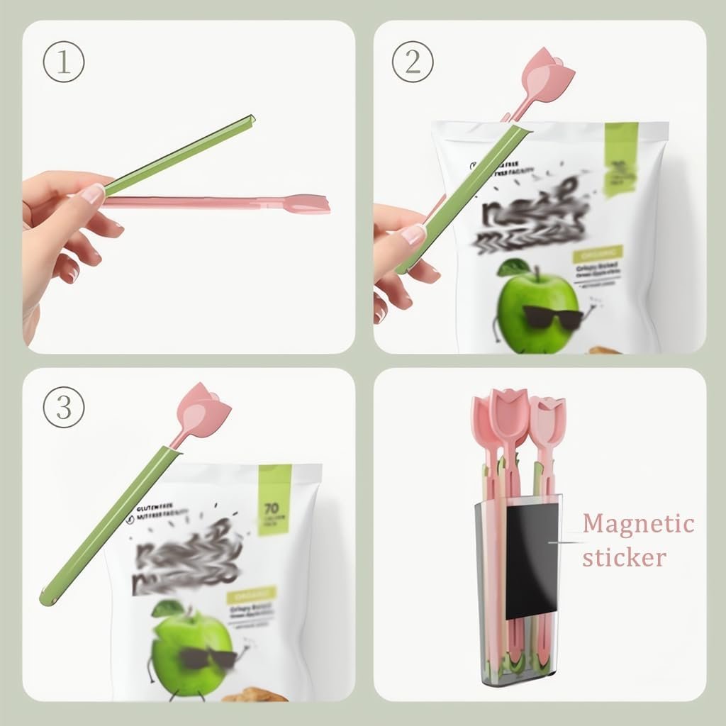 wholesale magnetic refrigerator sealing clip,cute tulip shaped food packages clips，chip clips with magnet storage box fridge magnets, food freshness bag clip kitchen accessories,2 pieces of 10 factory & supplier oem
