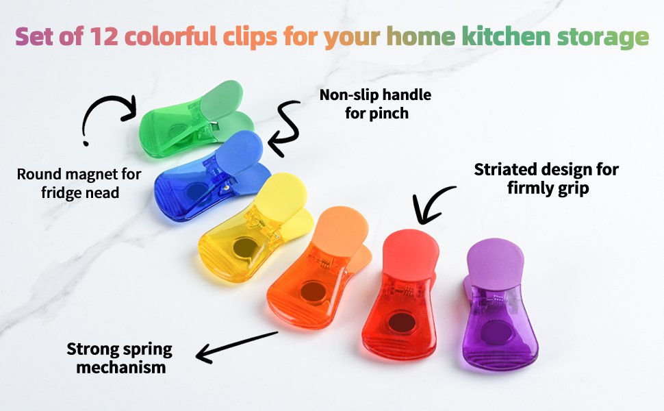 wholesale bag clips, 12 pack food chip snack bag sealing clips, color refrigerator magnet clips air-tight clips for home kitchen storage factory & supplier oem