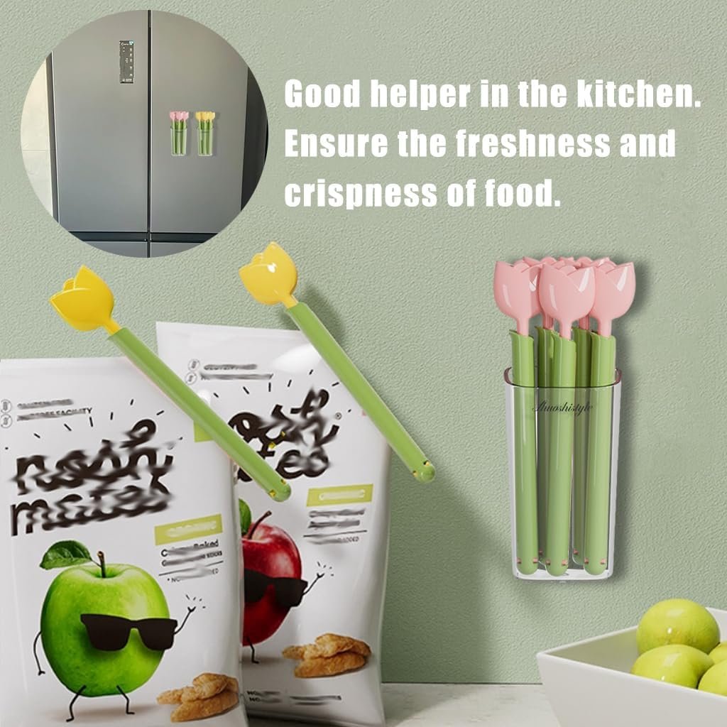 wholesale magnetic refrigerator sealing clip,cute tulip shaped food packages clips，chip clips with magnet storage box fridge magnets, food freshness bag clip kitchen accessories,2 pieces of 10 factory & supplier oem