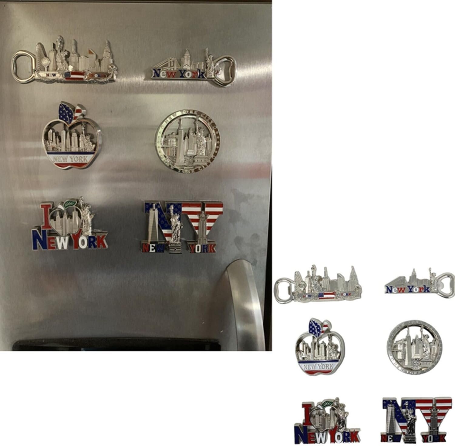wholesale 6 pack silver bundle nyc metal fridge magnets new york souvenir empire state building, skylines, statue of liberty, brooklyn bridge, big apple, usa flag, fridge magnet bottle opener factory & supplier oem