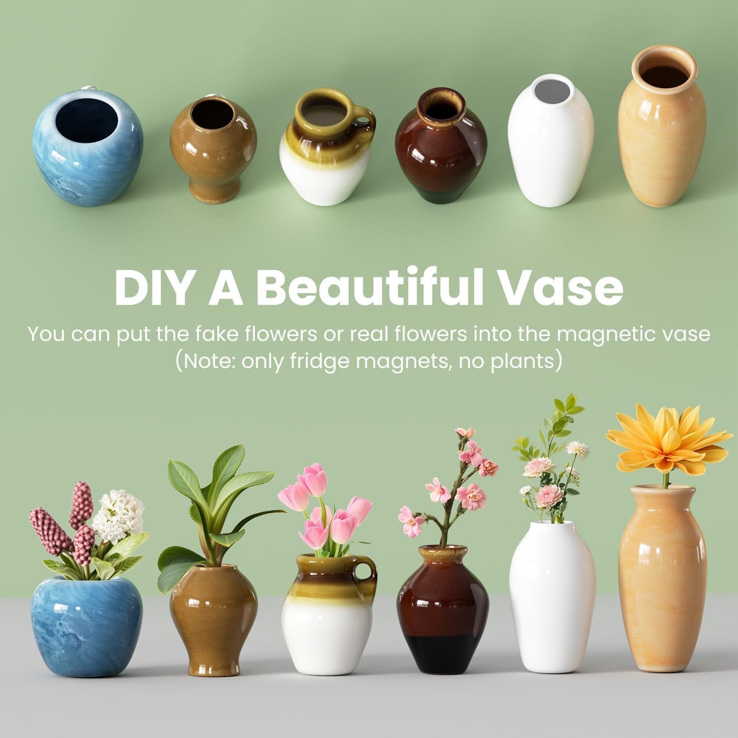 wholesale cute mini ceramic vase fridge magnets, funny small plant magnets, tiny 3d plant vase for refrigerator decoration kitchen locker kitchen office (6 pack) factory & supplier oem