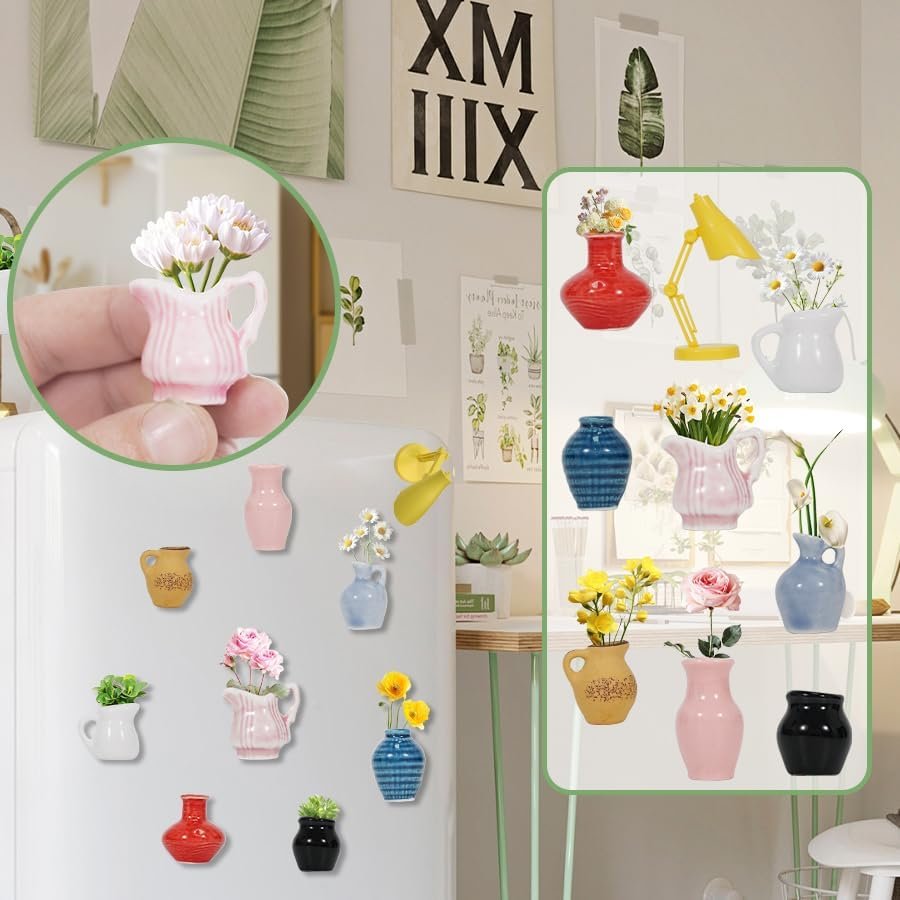 wholesale mini ceramic vase magnets for fridge, magnetic mini table lamp, funny small plant magnets,funny 3d plant vase for refrigerator decoration in kitchen, locker, or office(8 pack+1) factory & supplier oem
