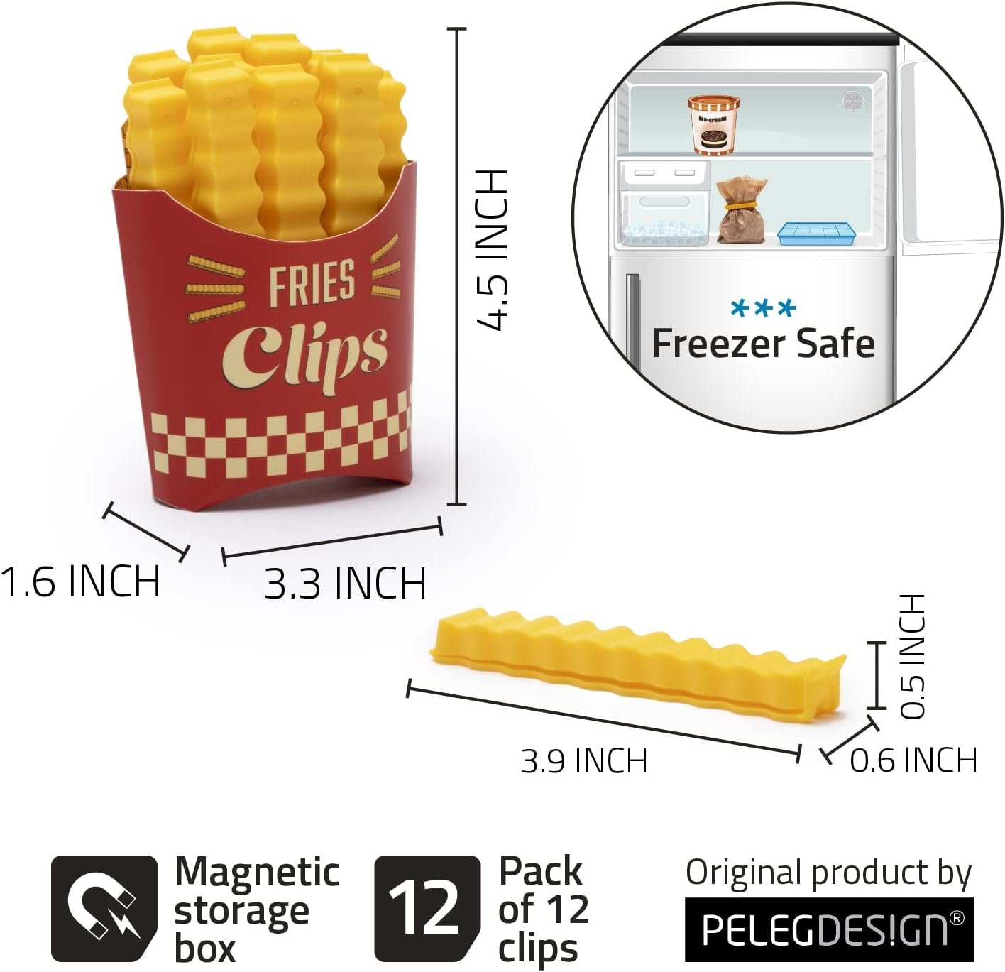 wholesale fries clips: 12 cute french-fries-shaped bag clips to seal opened food packages | fun bag clips for food in a magnetic box to always be at hand | cute kitchen accessories by peleg design factory & supplier oem