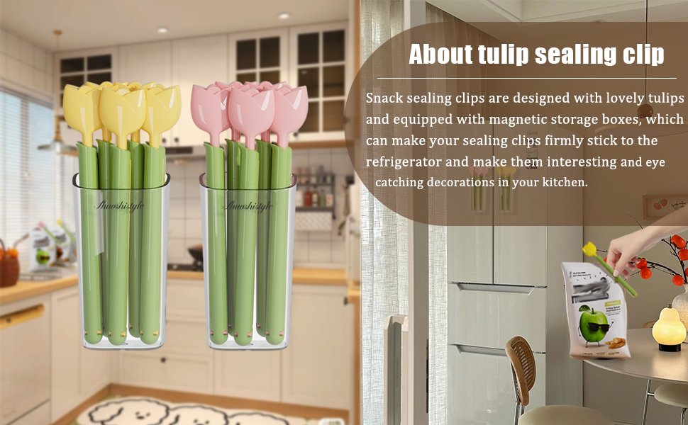 wholesale magnetic refrigerator sealing clip,cute tulip shaped food packages clips，chip clips with magnet storage box fridge magnets, food freshness bag clip kitchen accessories,2 pieces of 10 factory & supplier oem