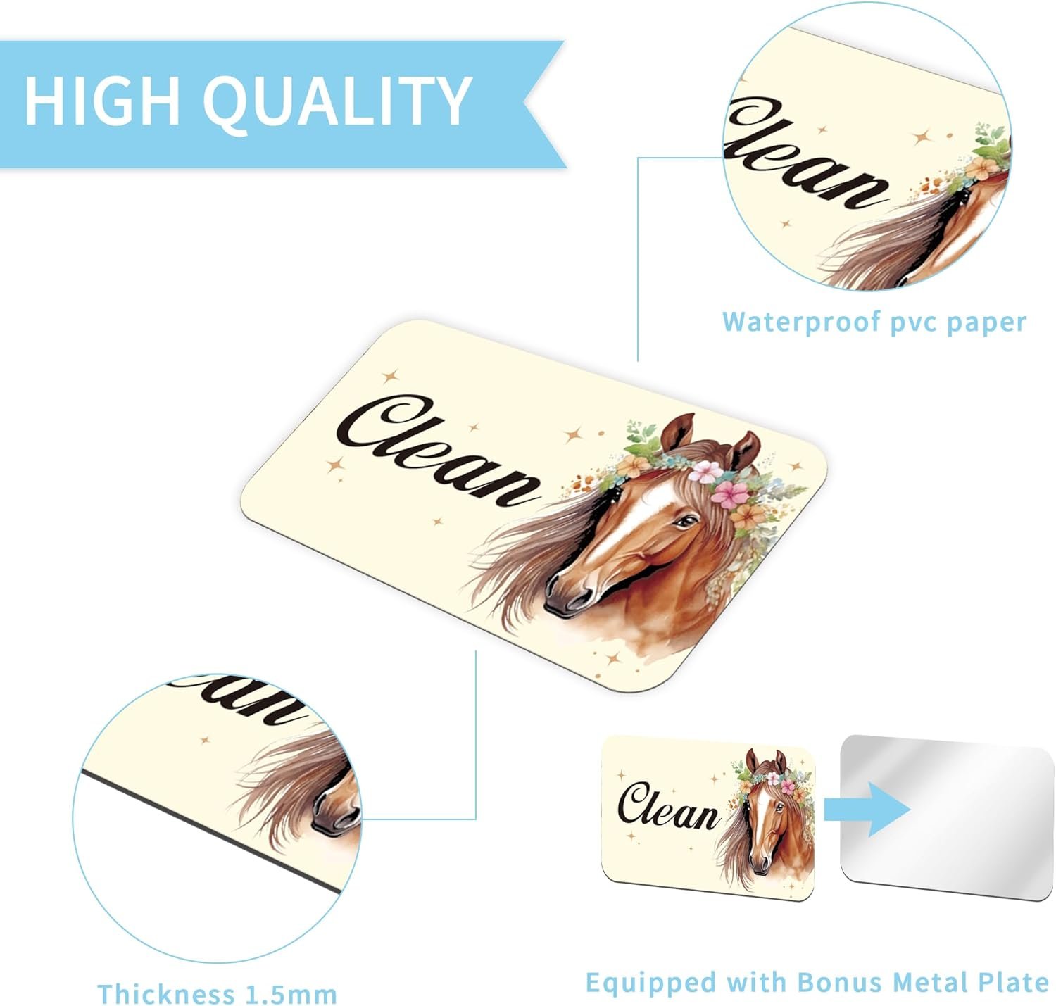 wholesale dishwasher magnet clean dirty sign, double-sided horse print rounded rectangle clean/dirty magnets for dish washers, home and kitchen magnetic accessories factory & supplier oem