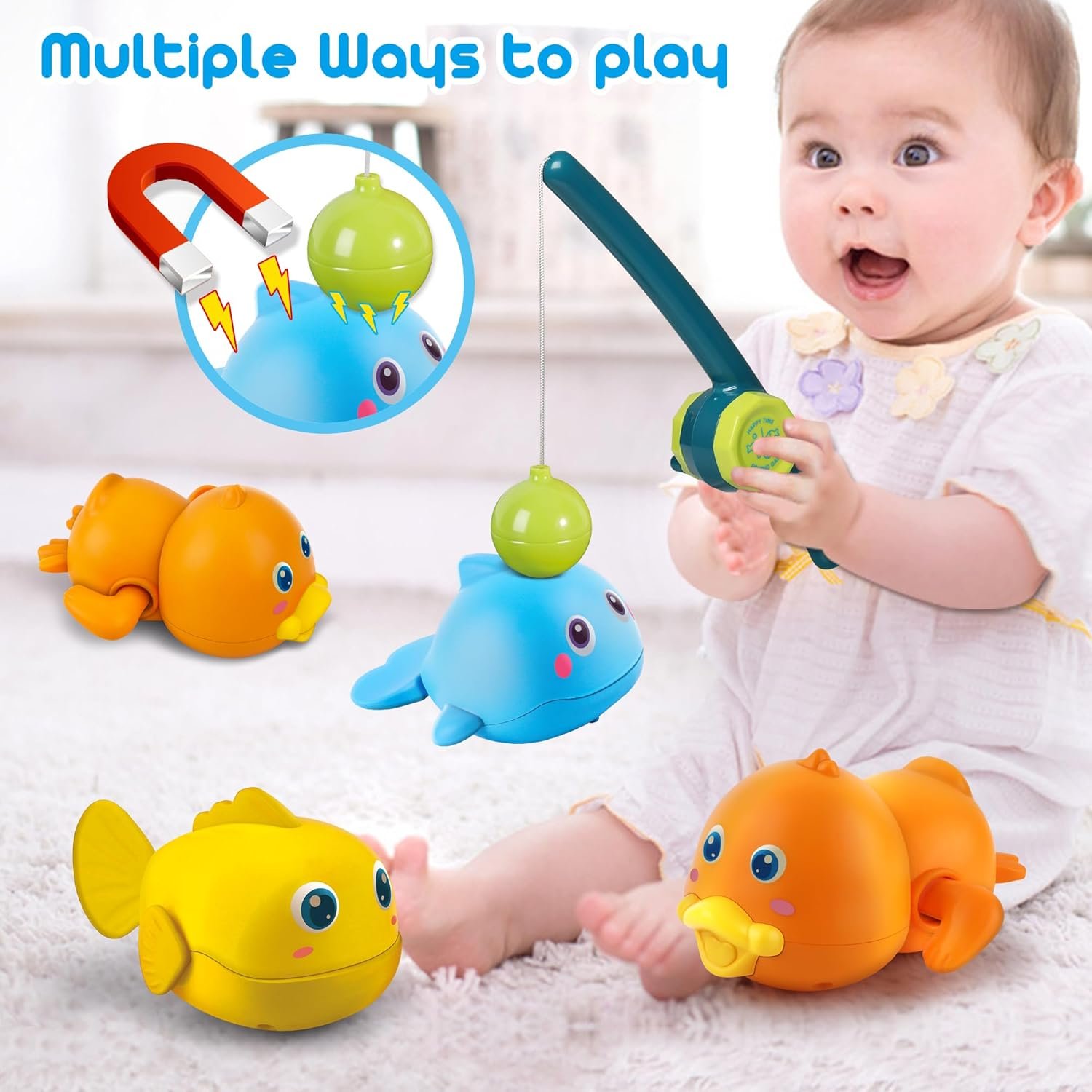 wholesale dwi dowellin bath toys for toddlers, magnetic fishing games kids bathtub toys, mold free wind-up toys swimming fish duck whale floating water toys for kids baby infant factory & supplier oem