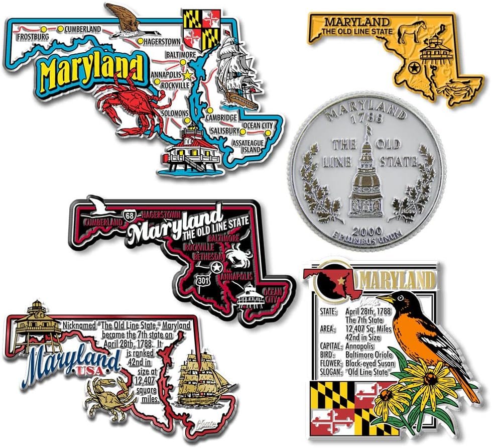 wholesale maryland six-piece state magnet set by classic magnets, includes 6 unique designs, collectible souvenirs made in the usa factory & supplier oem