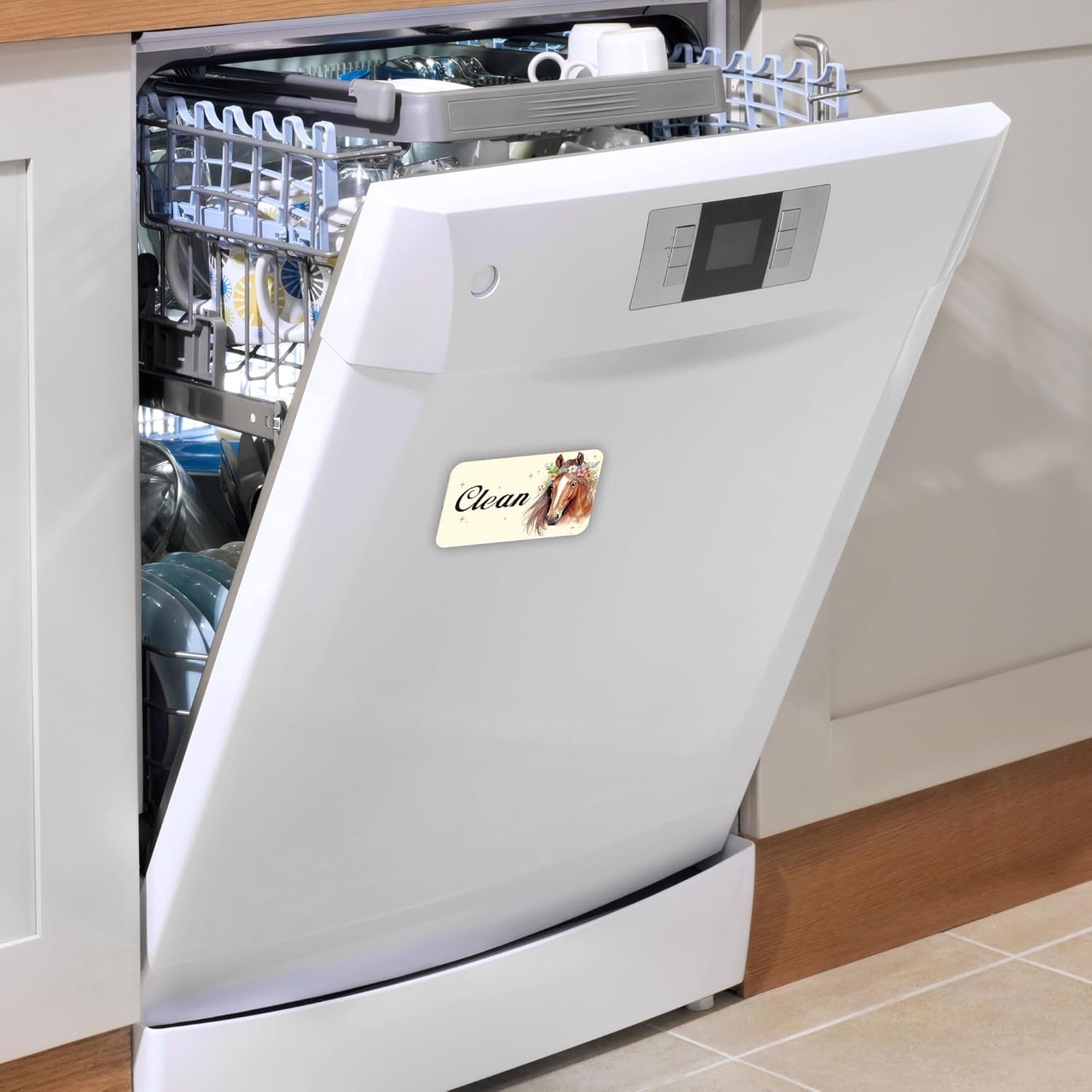 wholesale dishwasher magnet clean dirty sign, double-sided horse print rounded rectangle clean/dirty magnets for dish washers, home and kitchen magnetic accessories factory & supplier oem