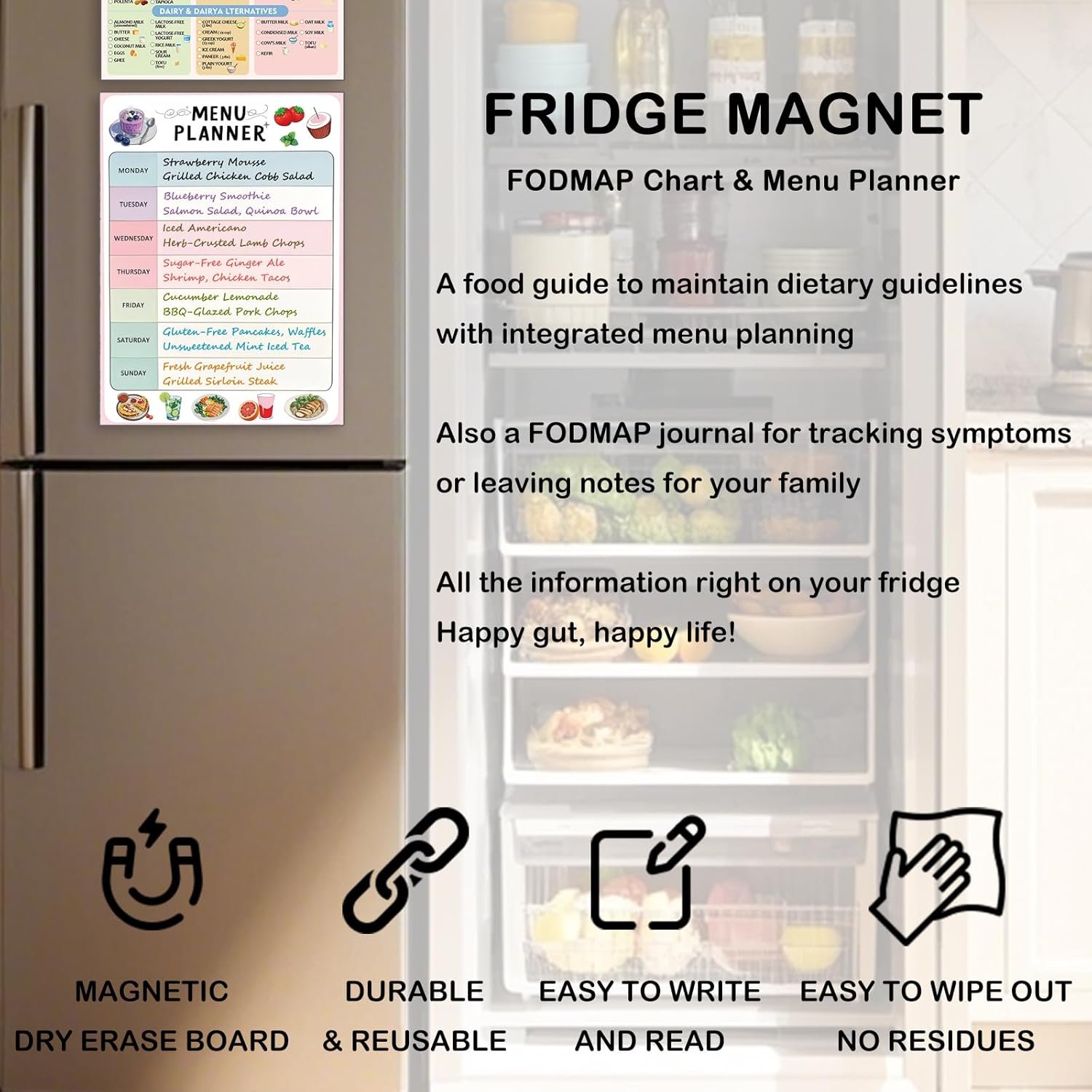 wholesale fodmap chart fridge magnet with menu planner set - 12”x8.6” low fodmap food guide magnetic meal planner dry erase board, ibs diet chart refrigerator magnet journal factory & supplier oem