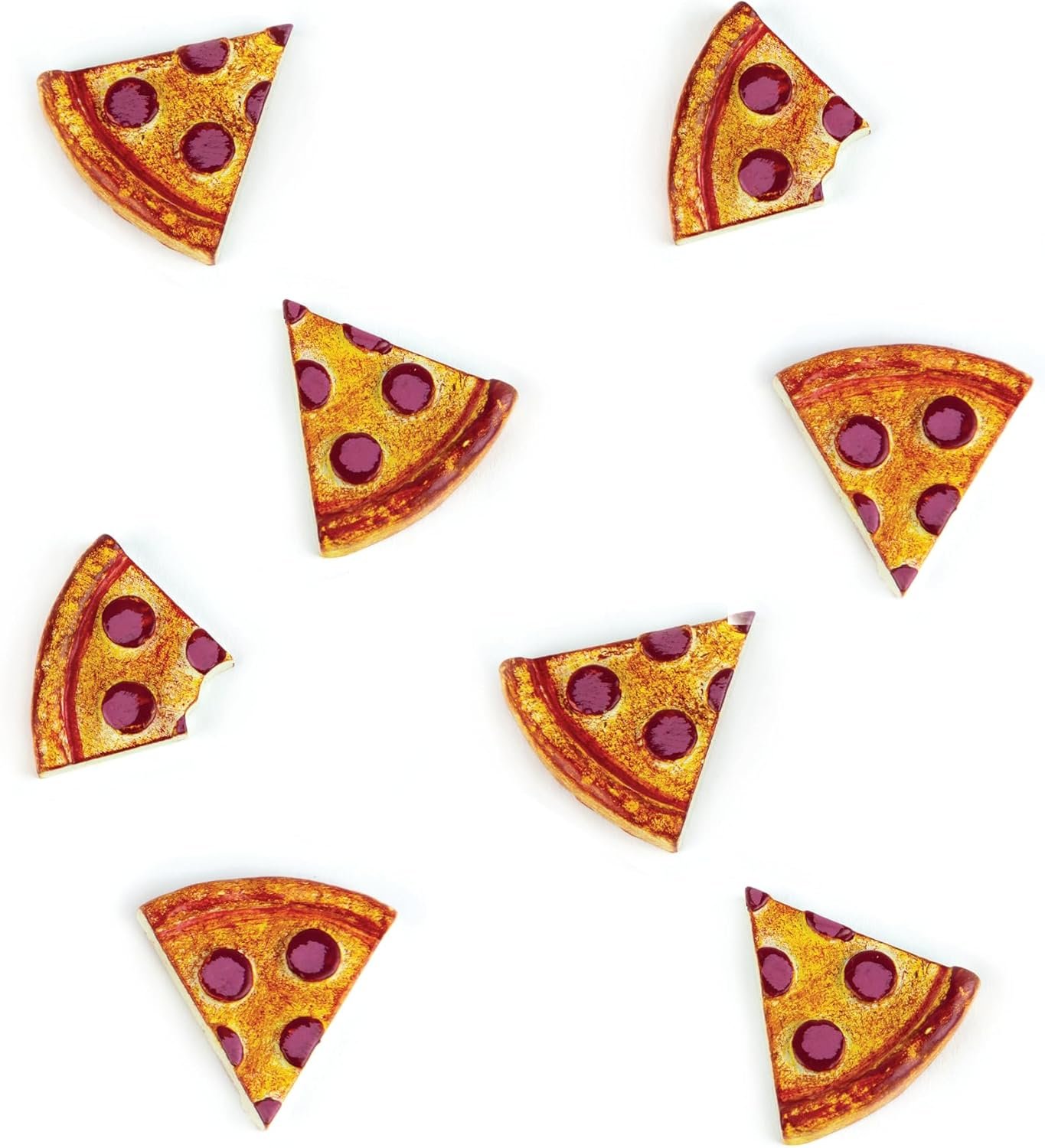 wholesale three by three seattle colorful pizza magnets | adorable, strong, and perfectly sized, backed with mighties magnets, hand-painted | two 4-packs (8 total) in iconic packaging factory & supplier oem