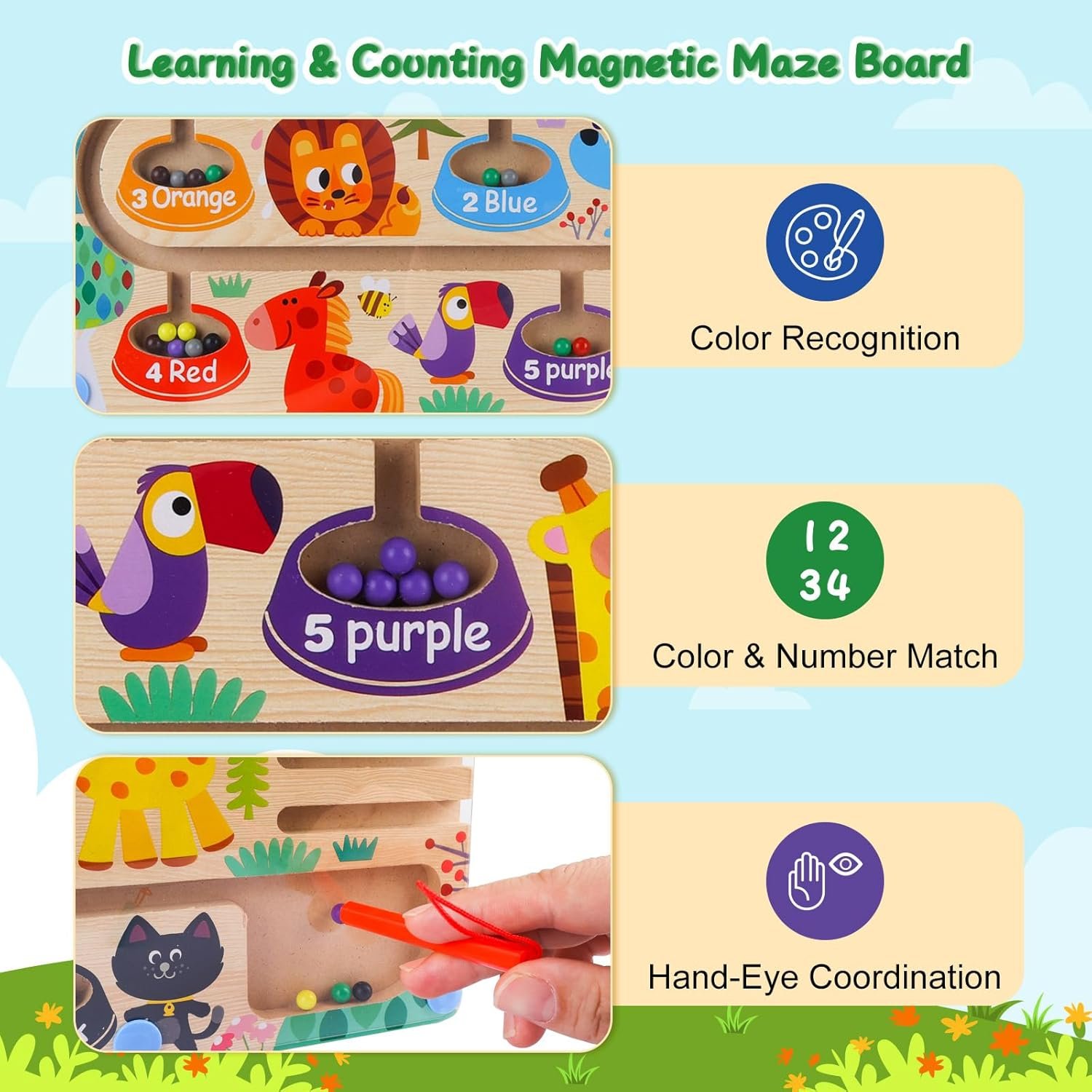 wholesale magnetic color and number maze, wooden animal magnet puzzles board games for toddler kids, montessori color learning sorting counting matching toys for 3 years old boys girls gift factory & supplier oem